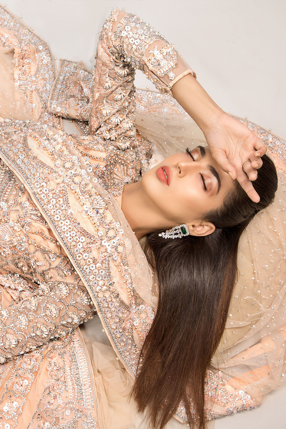 Peach Embellished Net Silk Bridal Lehenga (3-Piece) - Image 2