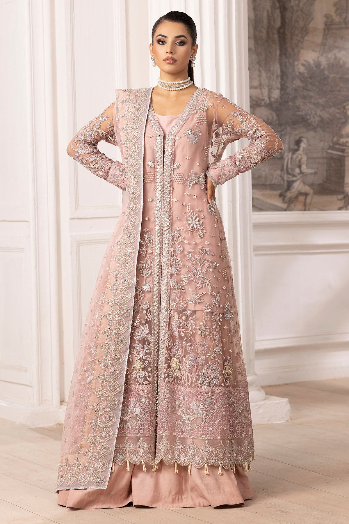 Pastel Pink Embellished Silk Net Bridal Lehenga (3-Piece) - Image 1