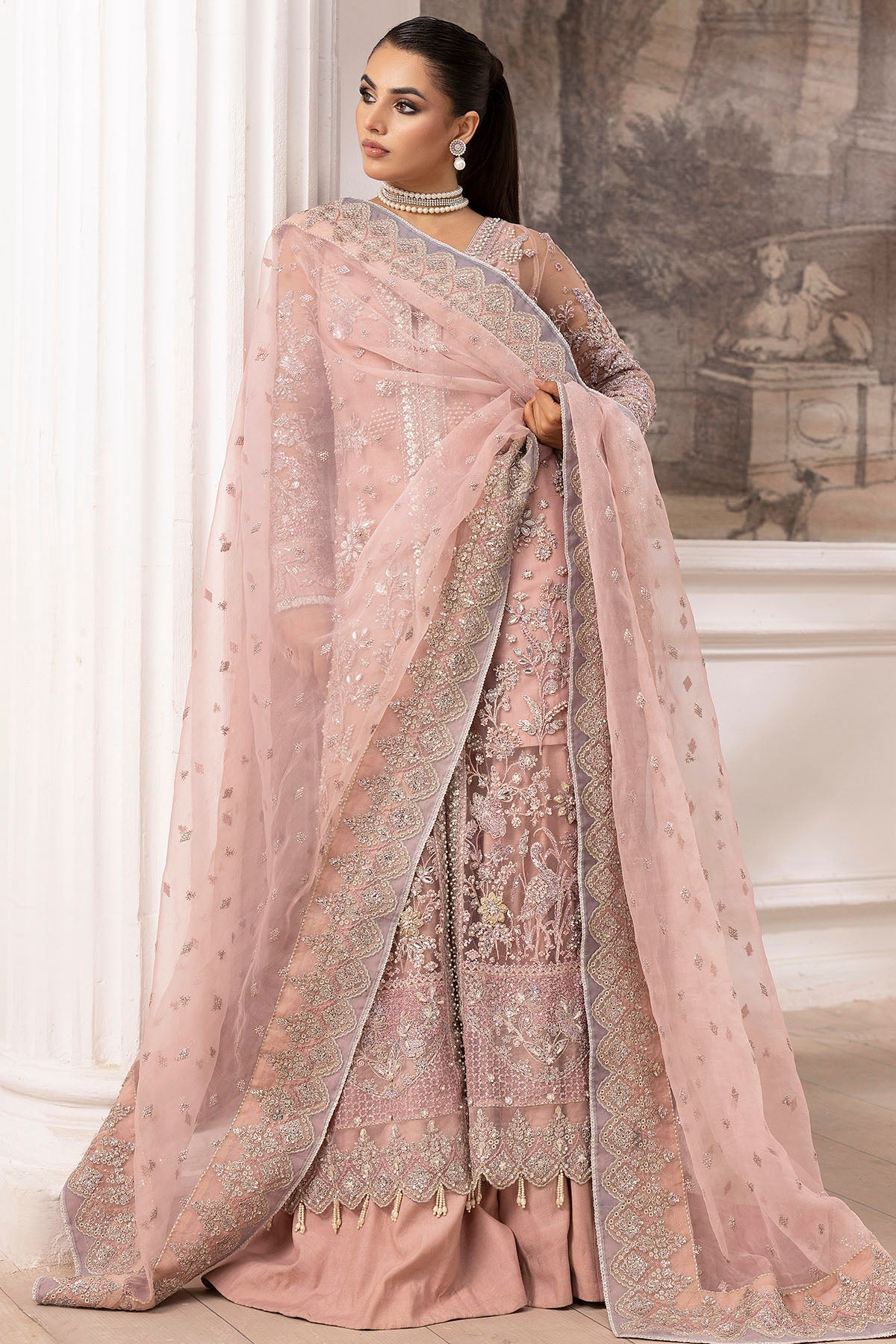 Pastel Pink Embellished Silk Net Bridal Lehenga (3-Piece) - Image 4