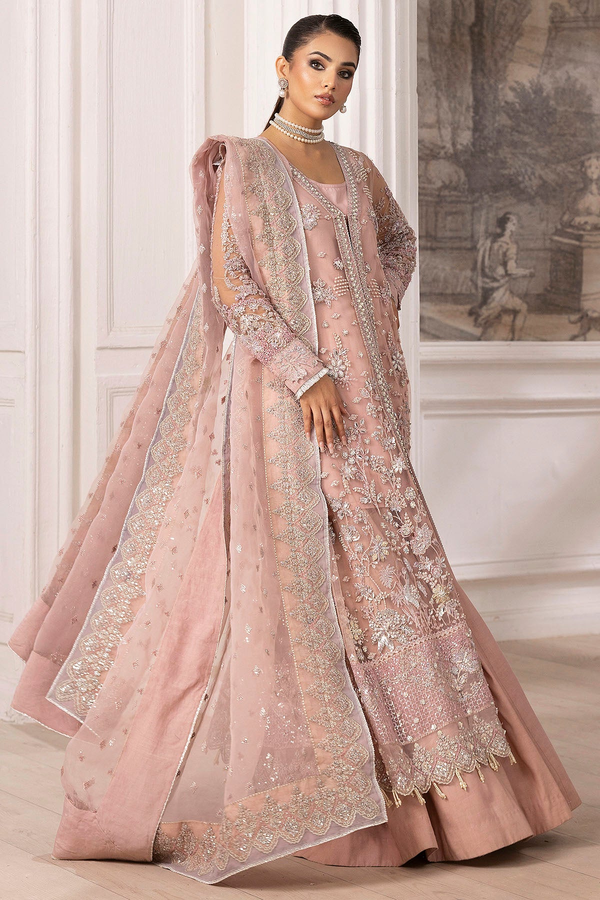 Pastel Pink Embellished Silk Net Bridal Lehenga (3-Piece) - Image 6