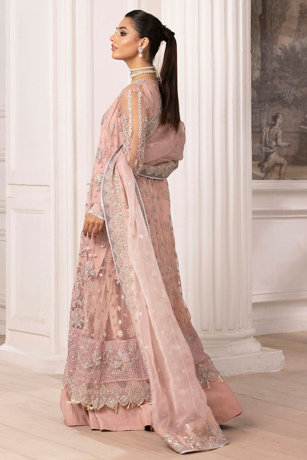 Pastel Pink Embellished Silk Net Bridal Lehenga (3-Piece) - Image 7