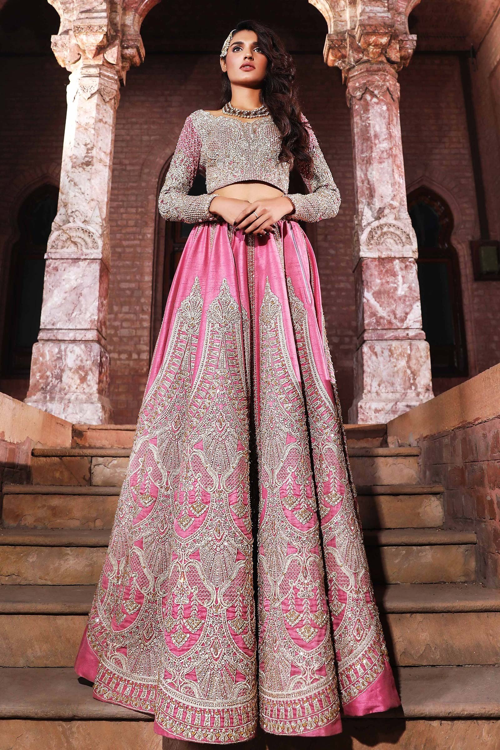 Pakistani Pink Embroidered Silk Bridal Lehenga (2-Piece) - Image 1