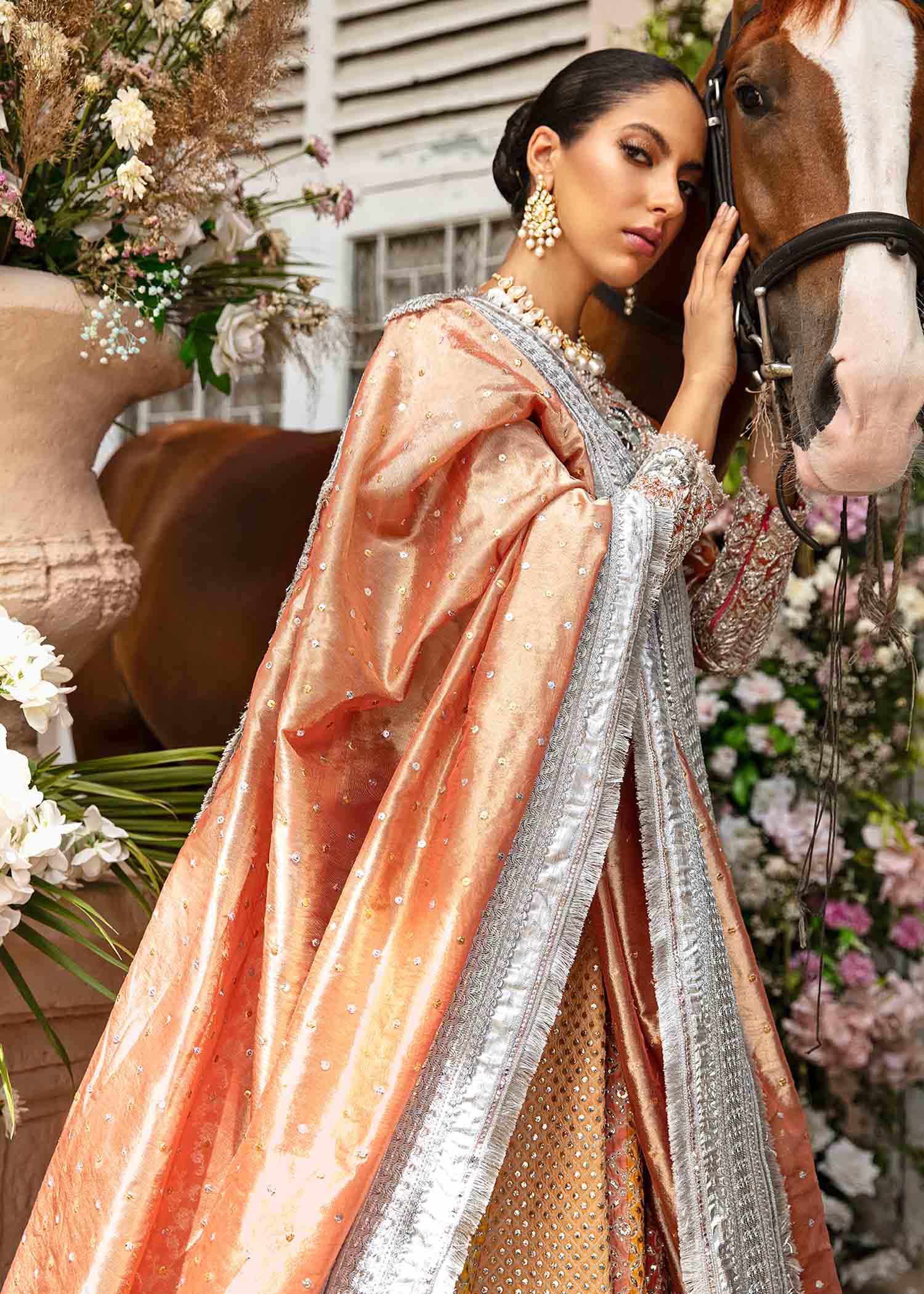 Pakistani Peach Yellow Embroidered Silk Lehenga (3-Piece) - Image 3