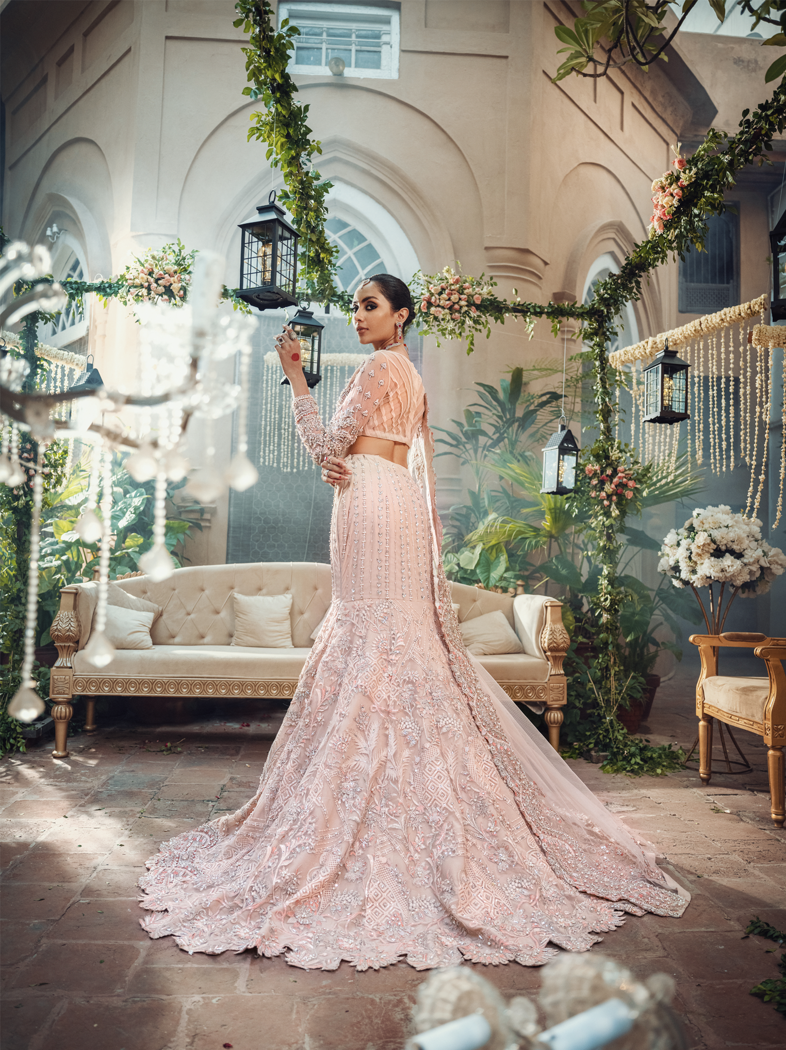 Pakistani Peach Pink Swarovski Embellished Net Silk Lehenga (3-Piece) - Image 4