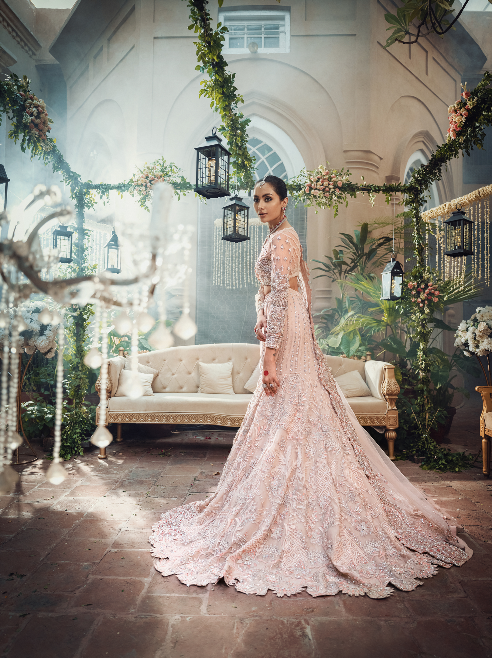 Pakistani Peach Pink Swarovski Embellished Net Silk Lehenga (3-Piece) - Image 5