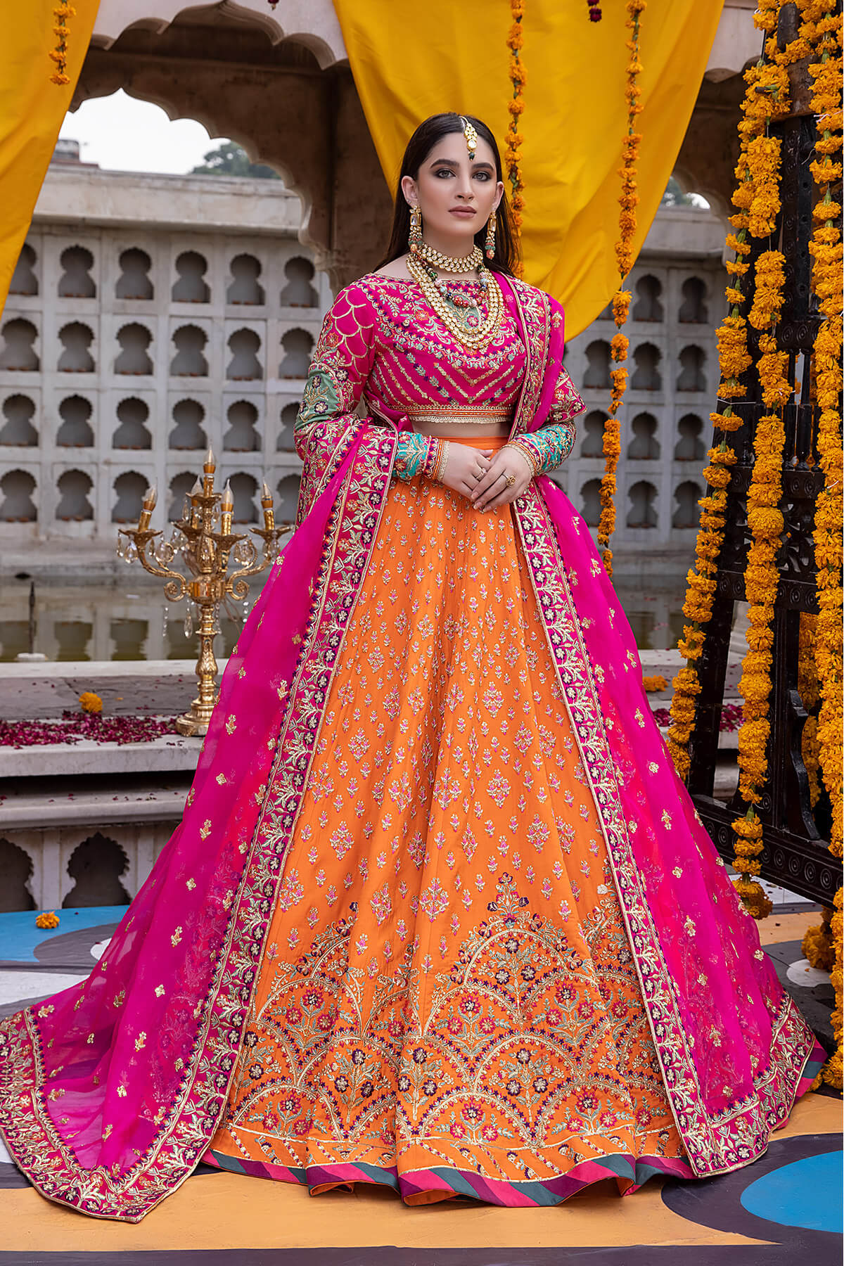 Fuchsia & Orange Embroidered Silk Organza Lehenga (3-Piece) - Image 1