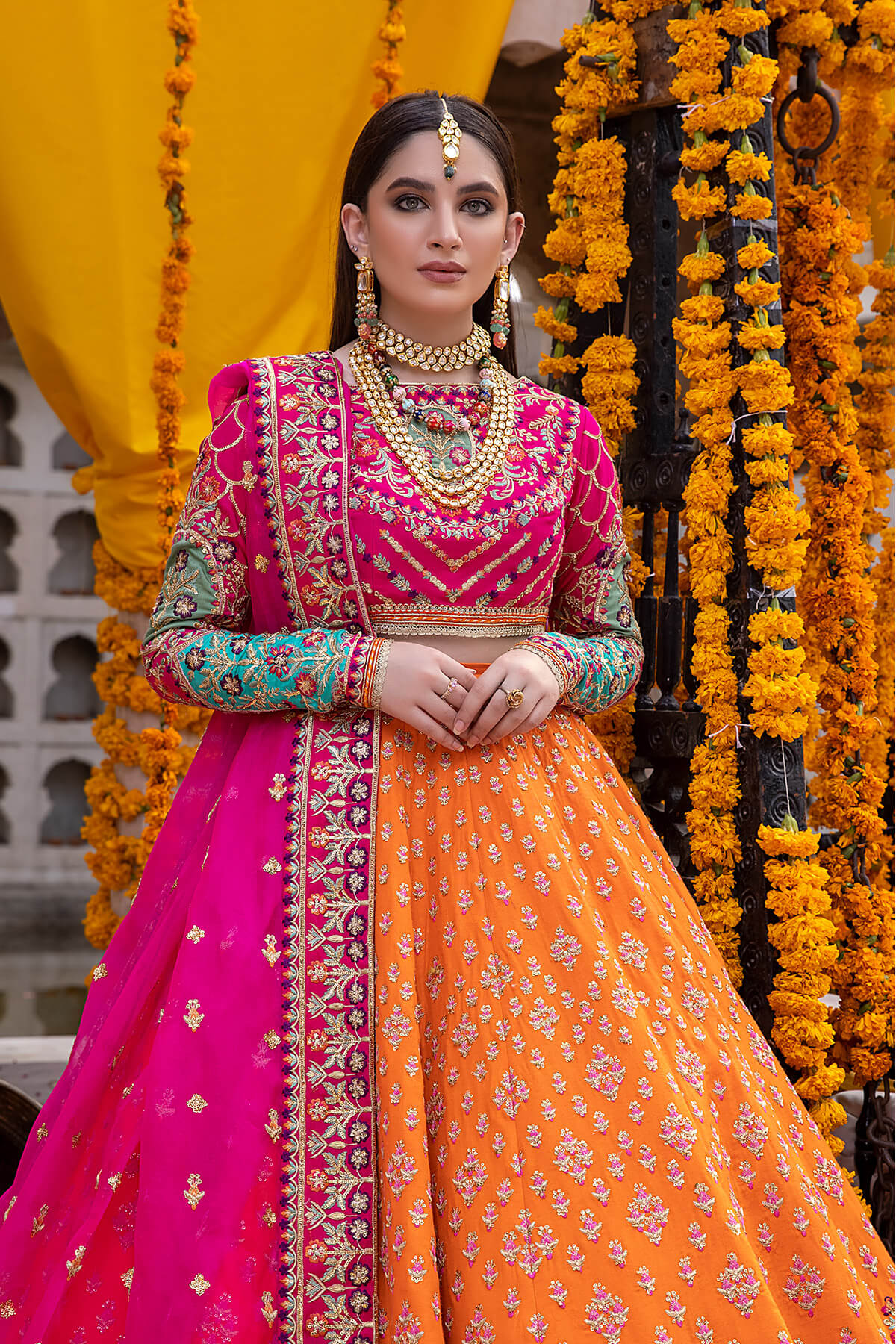 Fuchsia & Orange Embroidered Silk Organza Lehenga (3-Piece) - Image 2
