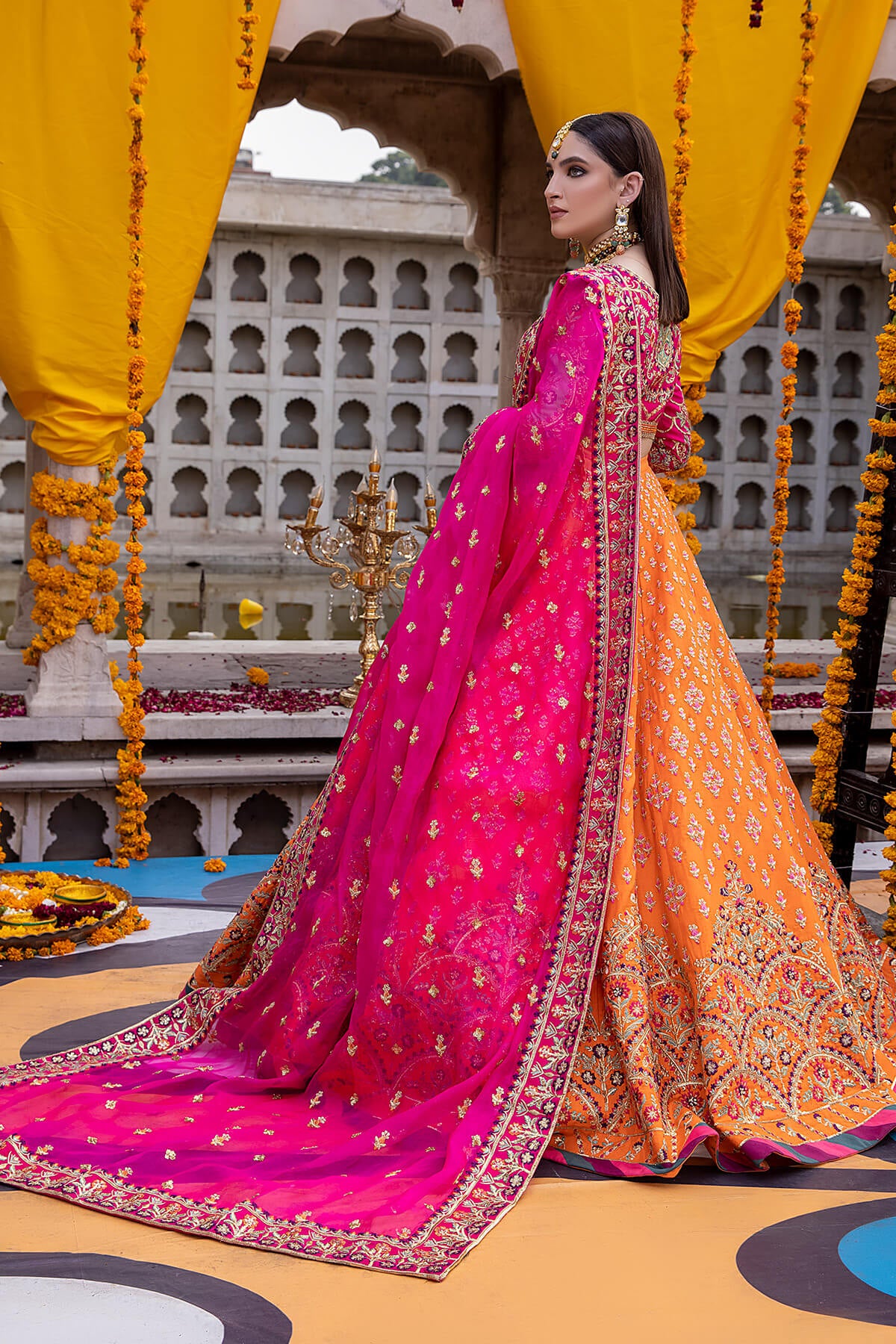 Fuchsia & Orange Embroidered Silk Organza Lehenga (3-Piece) - Image 3