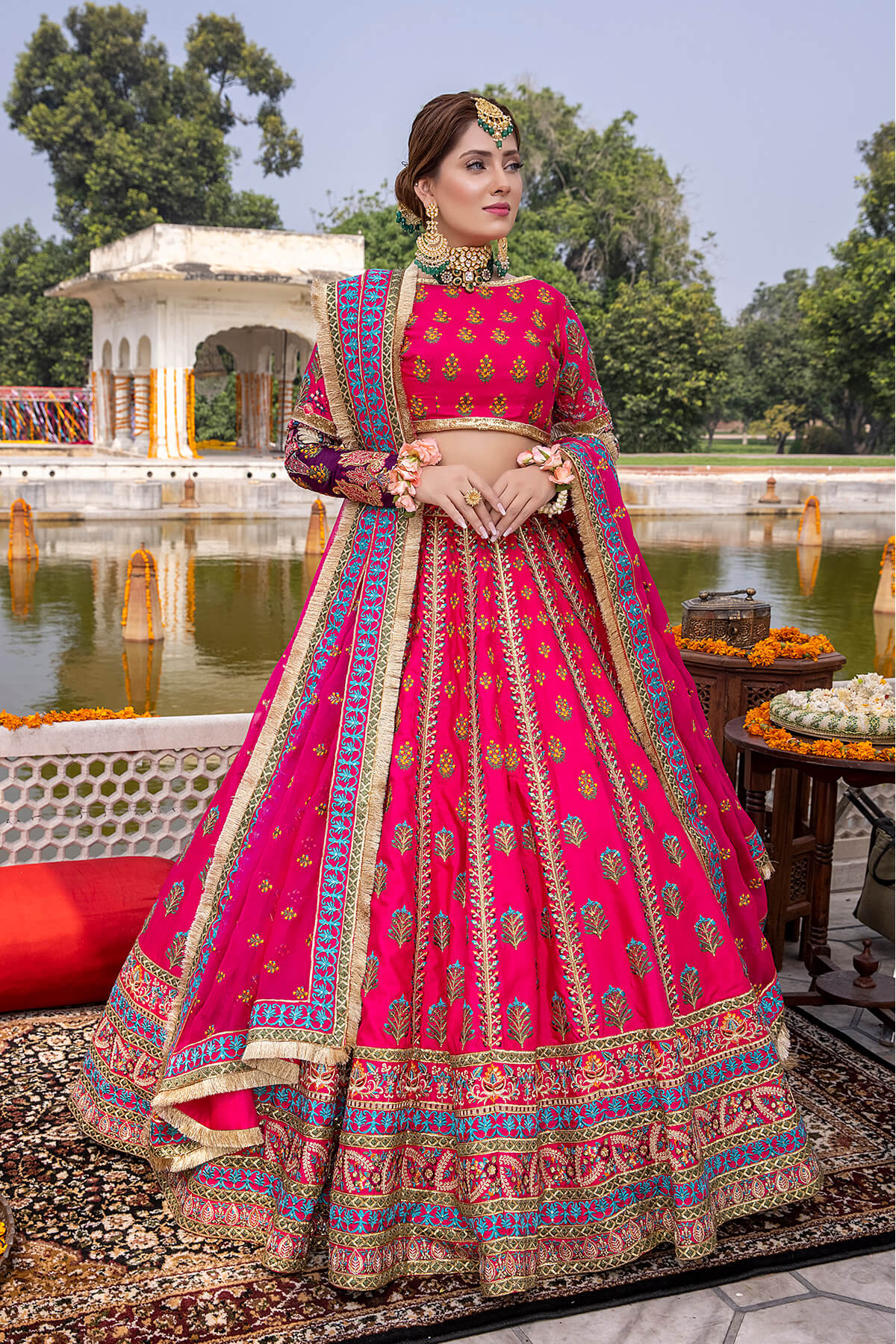 Pakistani Fuchsia Embroidered Silk & Organza Lehenga (3-Piece) - Image 1