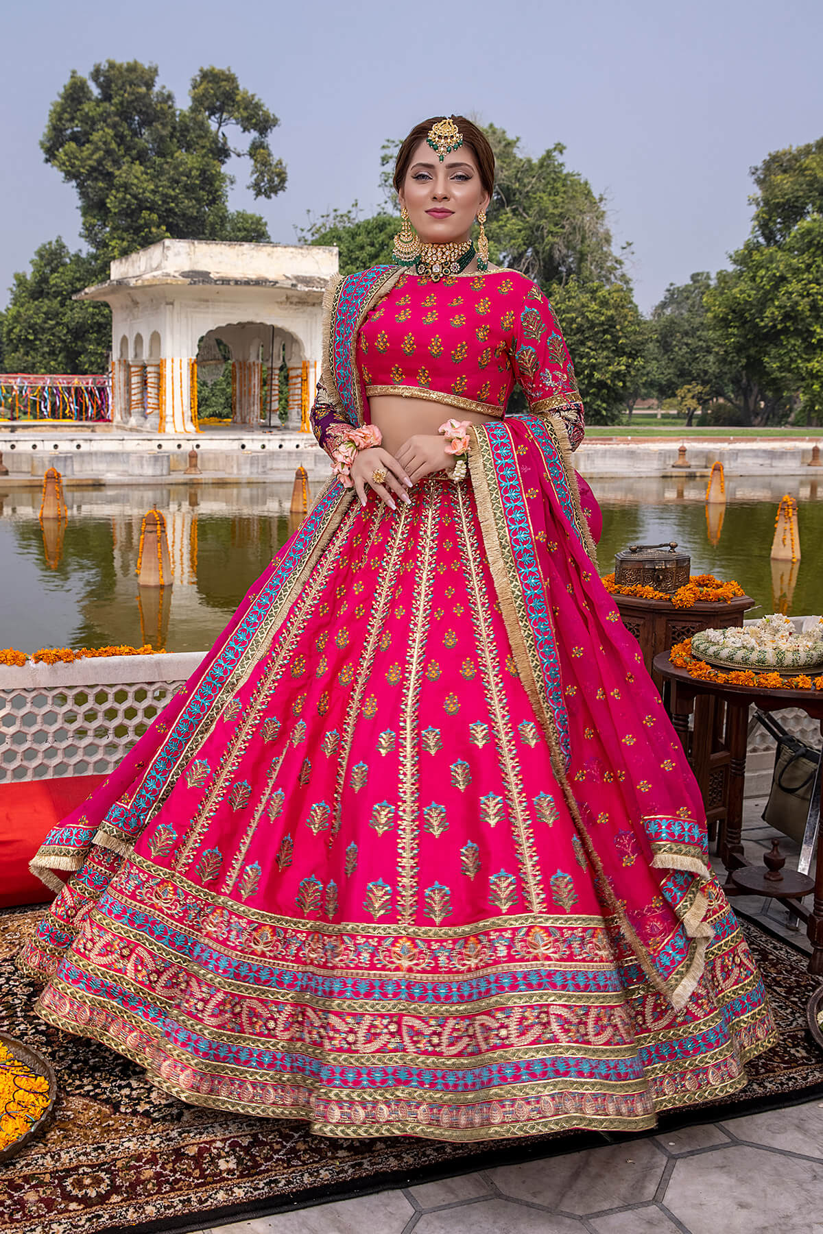 Pakistani Fuchsia Embroidered Silk & Organza Lehenga (3-Piece) - Image 2