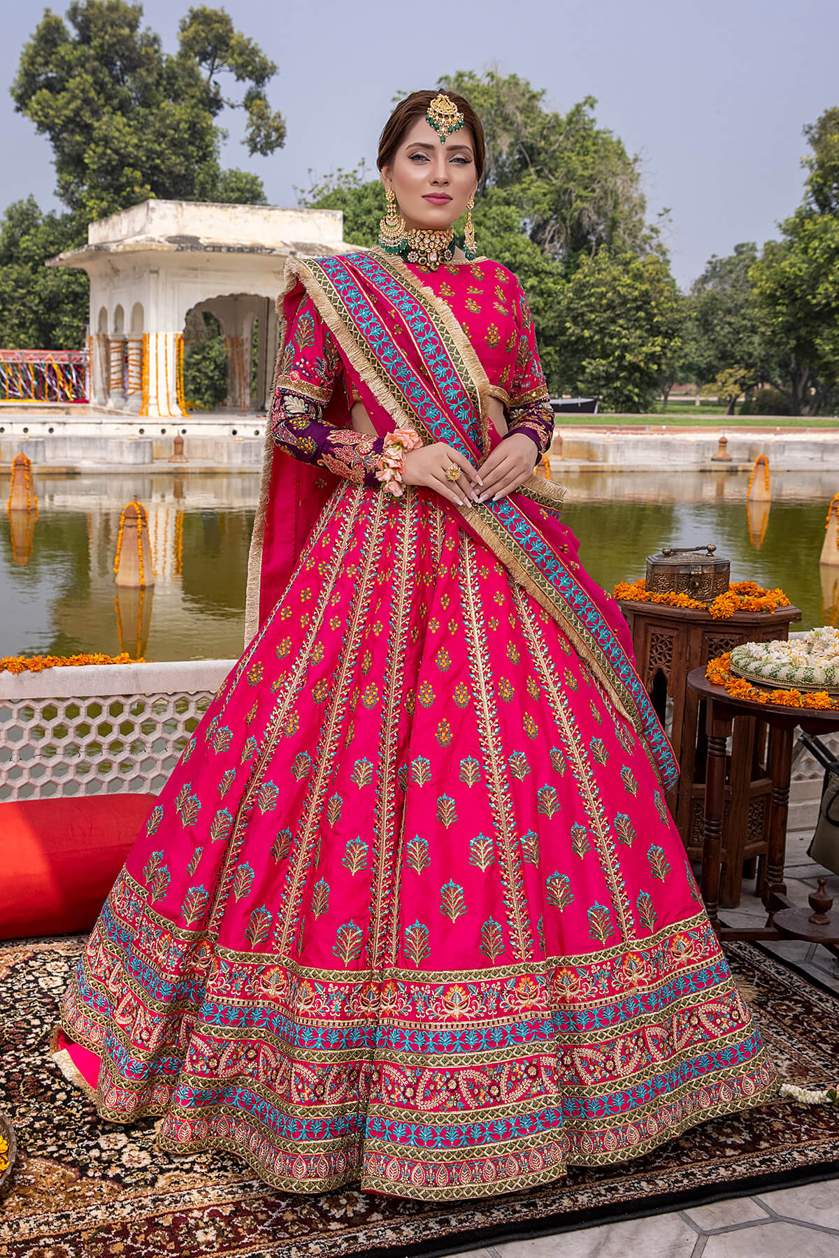 Pakistani Fuchsia Embroidered Silk & Organza Lehenga (3-Piece) - Image 4
