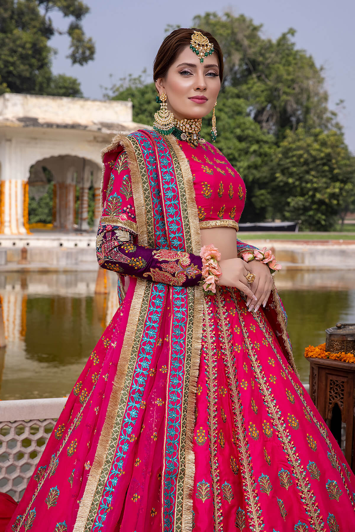 Pakistani Fuchsia Embroidered Silk & Organza Lehenga (3-Piece) - Image 5