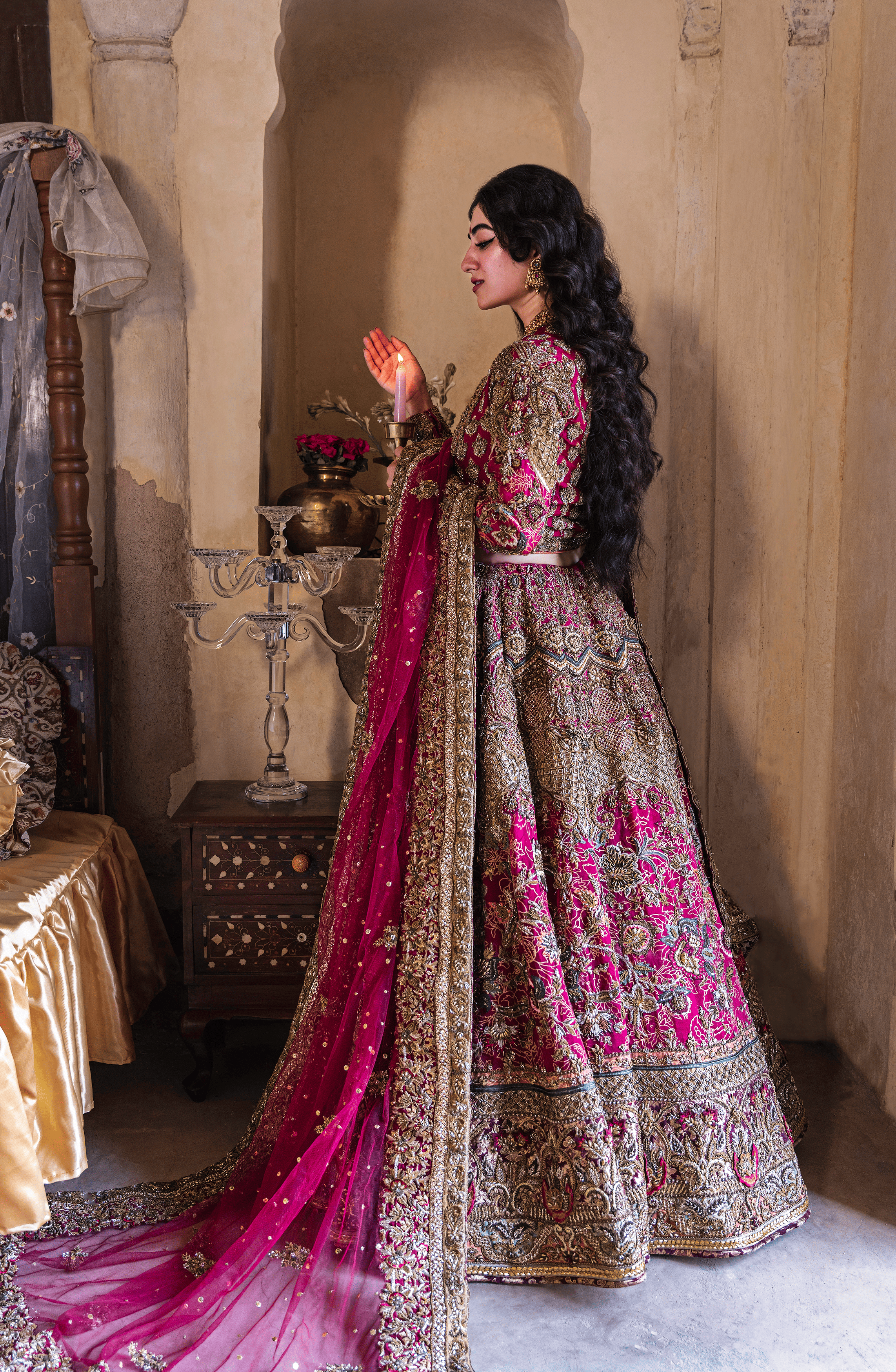 Pakistani Hot Pink Embroidered Silk Lehenga Choli (3-Piece) - Image 10