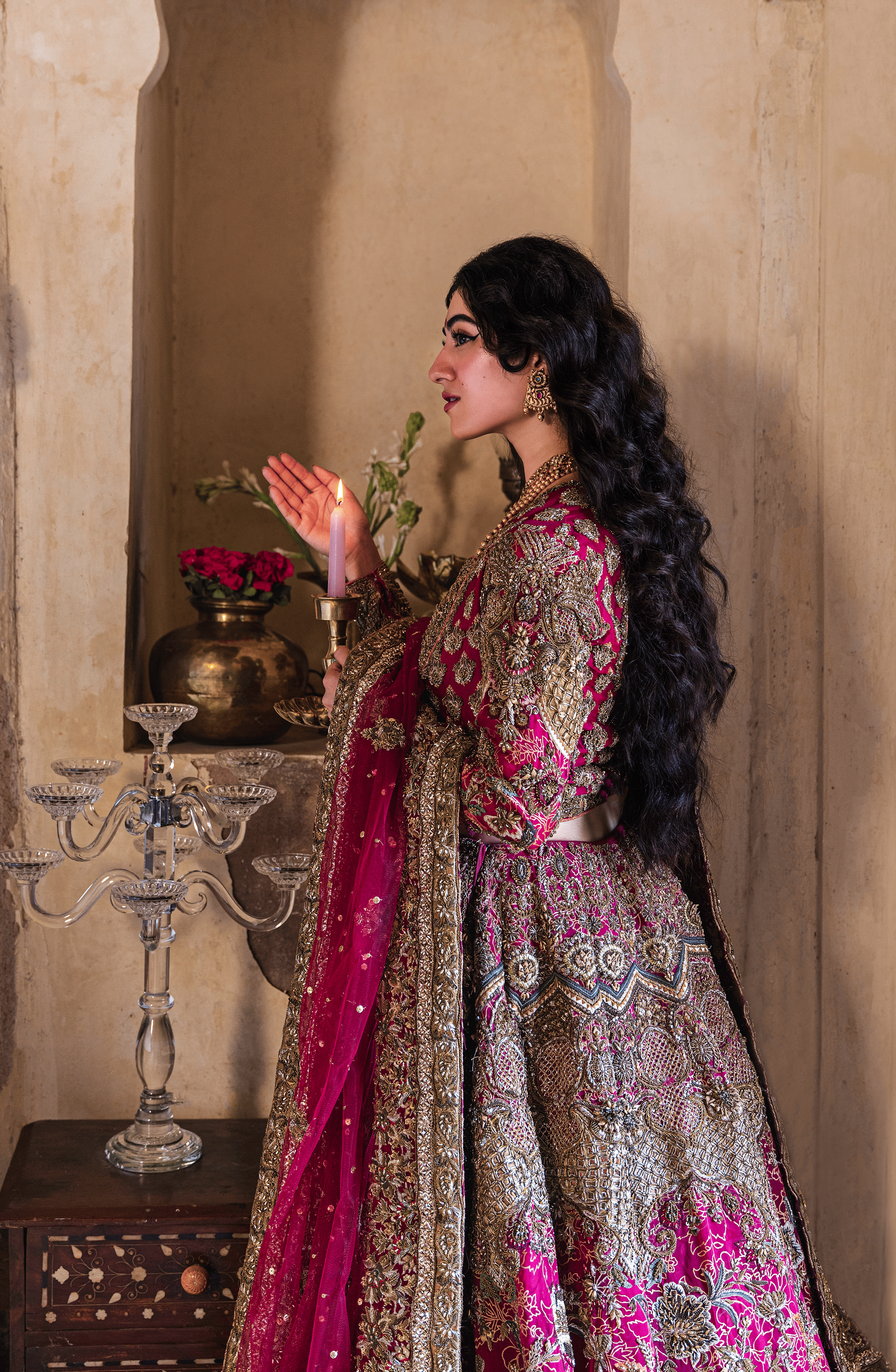 Pakistani Hot Pink Embroidered Silk Lehenga Choli (3-Piece) - Image 9