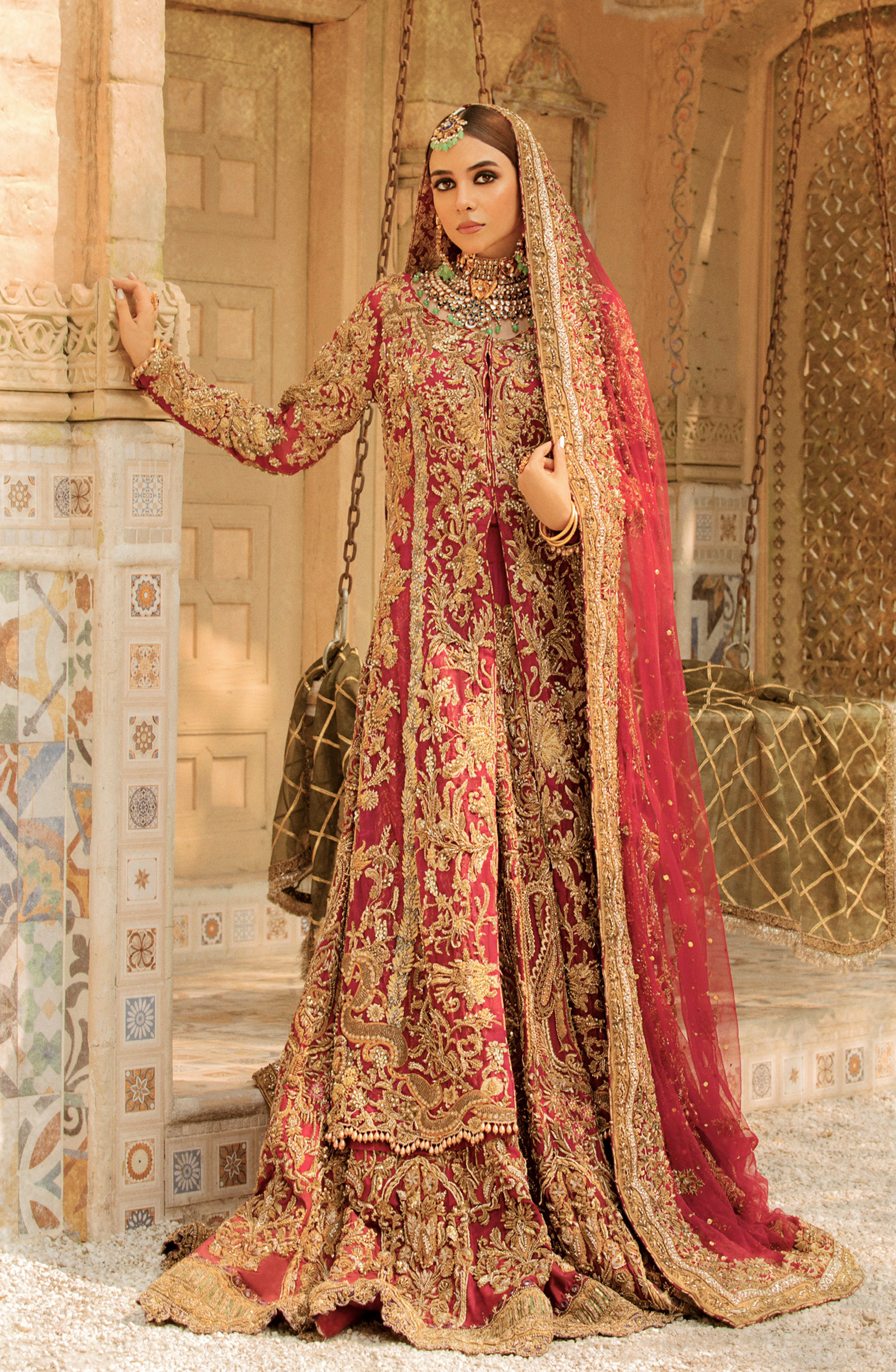Pakistani Deep Pink Gold Embroidered Silk Bridal Lehenga (3-Piece) - Image 2