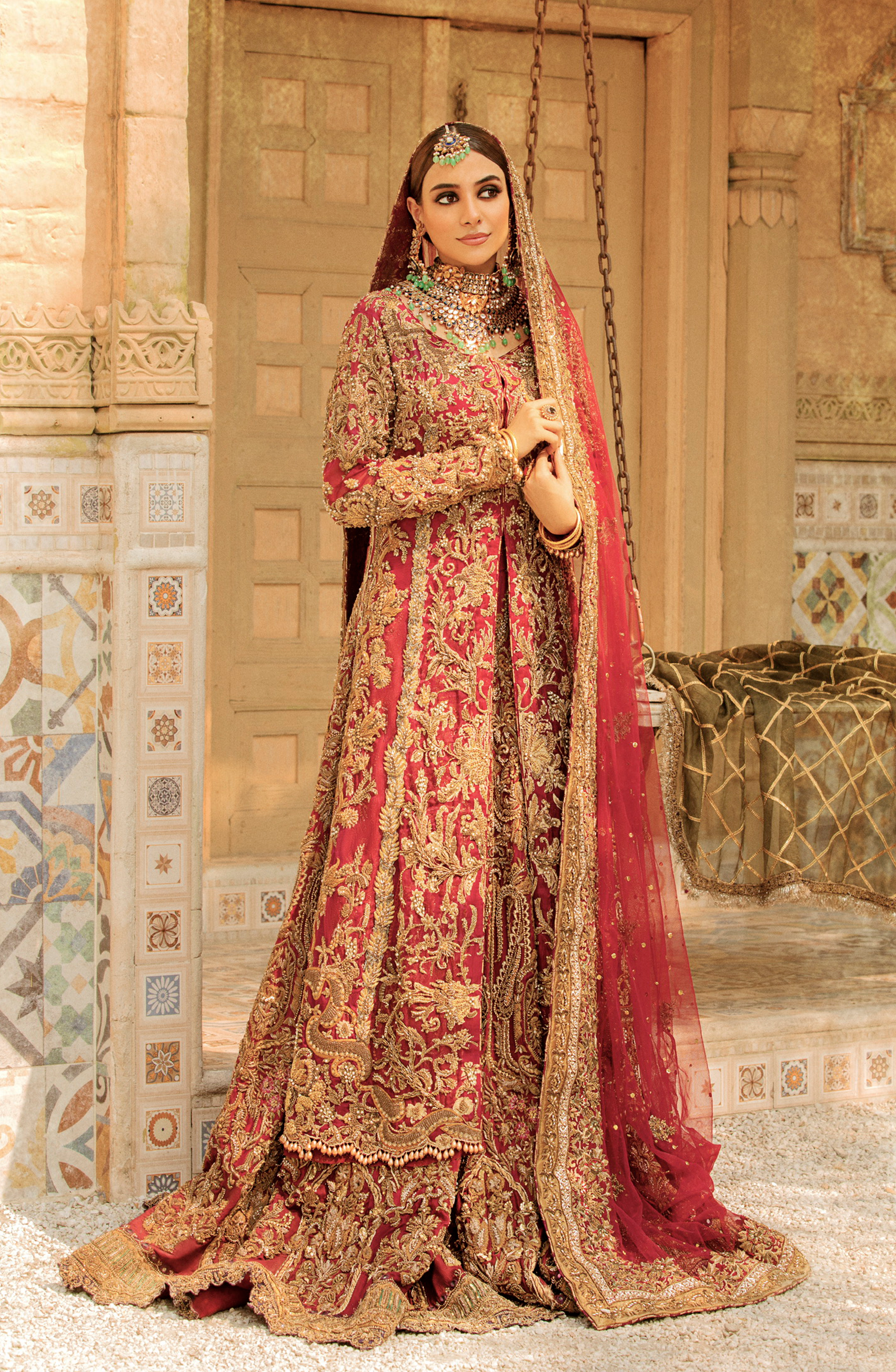 Pakistani Deep Pink Gold Embroidered Silk Bridal Lehenga (3-Piece) - Image 3