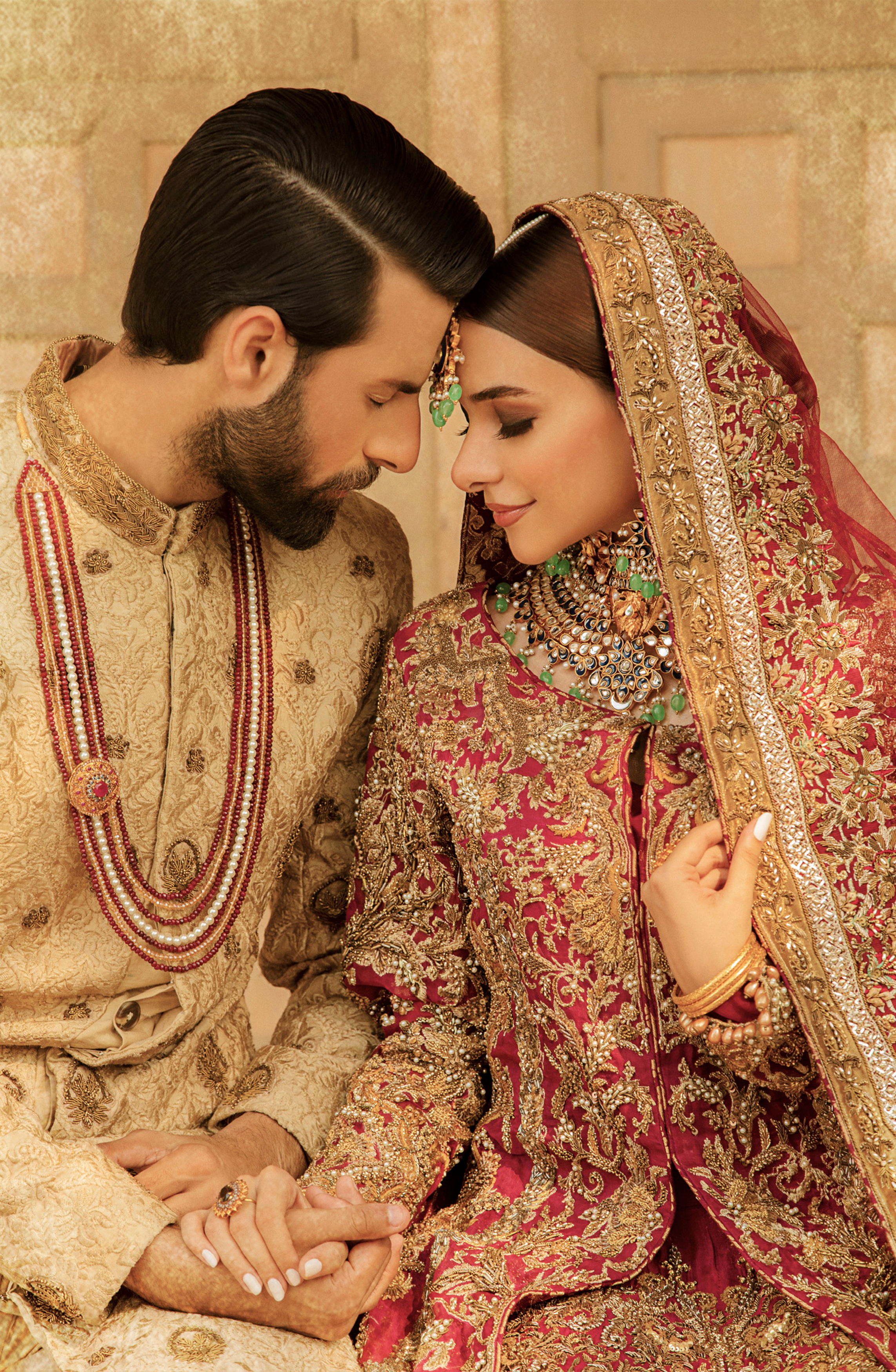 Pakistani Deep Pink Gold Embroidered Silk Bridal Lehenga (3-Piece) - Image 4