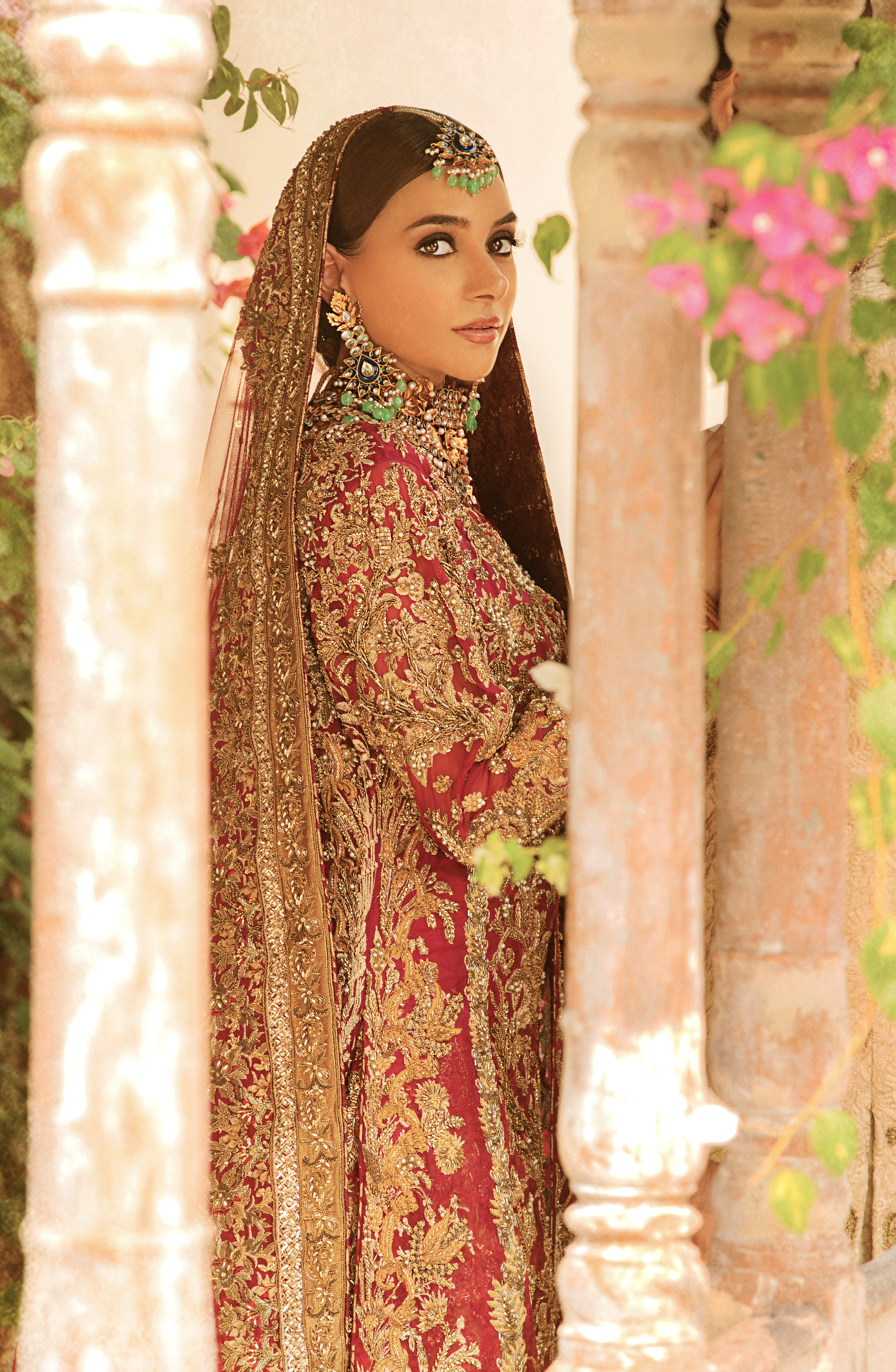 Pakistani Deep Pink Gold Embroidered Silk Bridal Lehenga (3-Piece) - Image 5