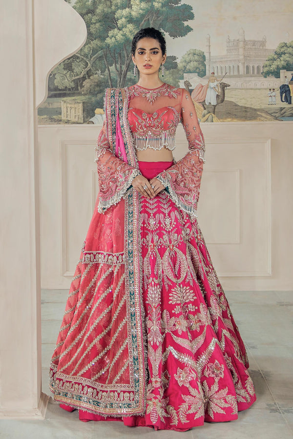 Pakistani Watermelon Pink Hand-Embellished Silk Lehenga (3-Piece) - Image 2