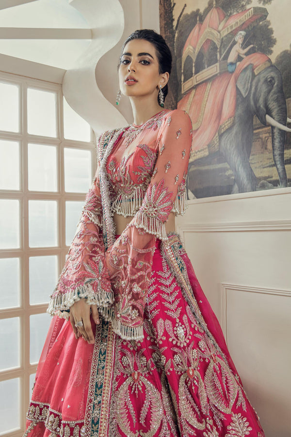 Pakistani Watermelon Pink Hand-Embellished Silk Lehenga (3-Piece) - Image 3