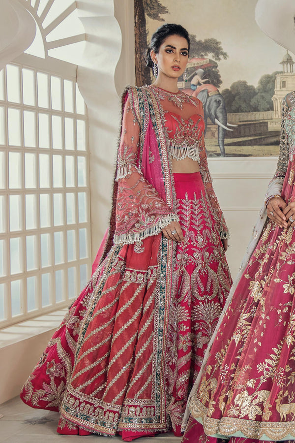 Pakistani Watermelon Pink Hand-Embellished Silk Lehenga (3-Piece) - Image 4