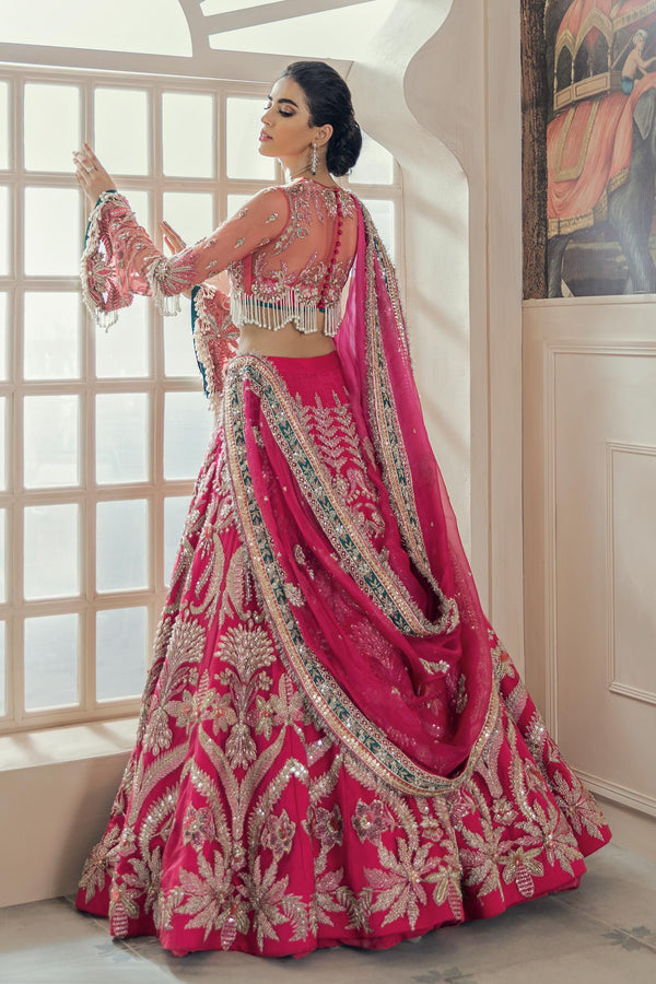 Pakistani Watermelon Pink Hand-Embellished Silk Lehenga (3-Piece) - Image 5