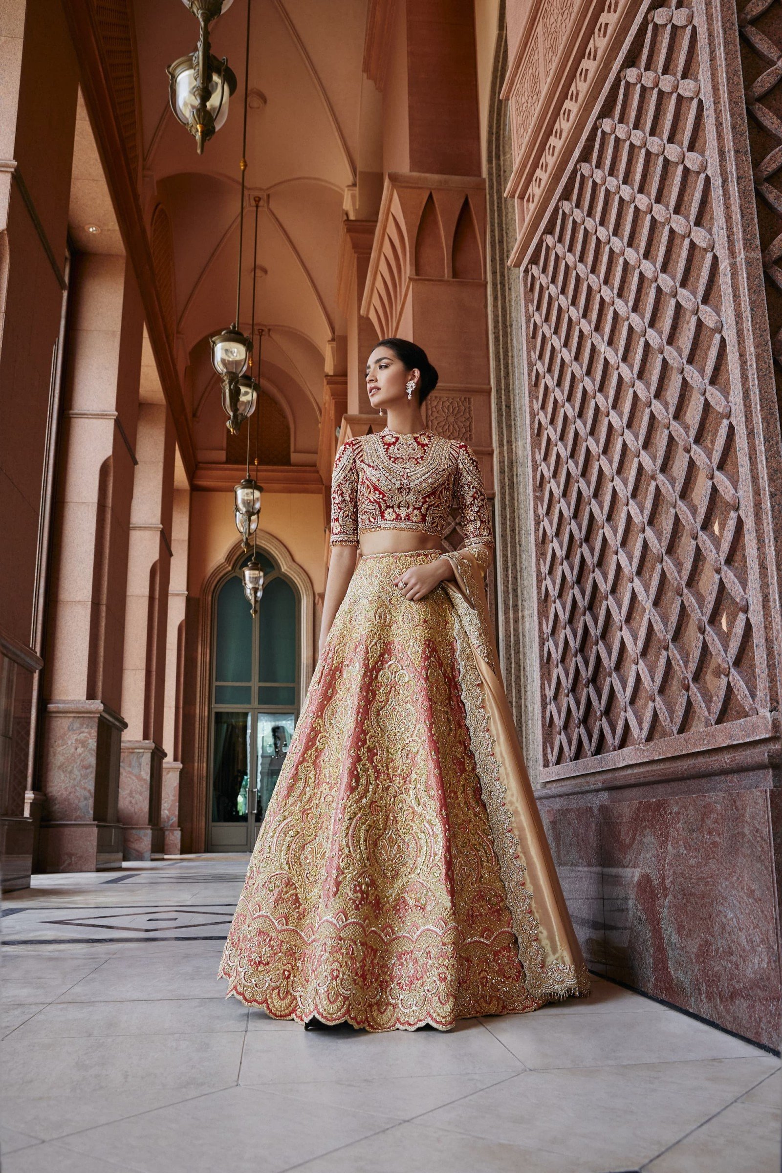 Pakistani Coral Gold Embroidered Silk Bridal Lehenga (3-Piece) - Image 1