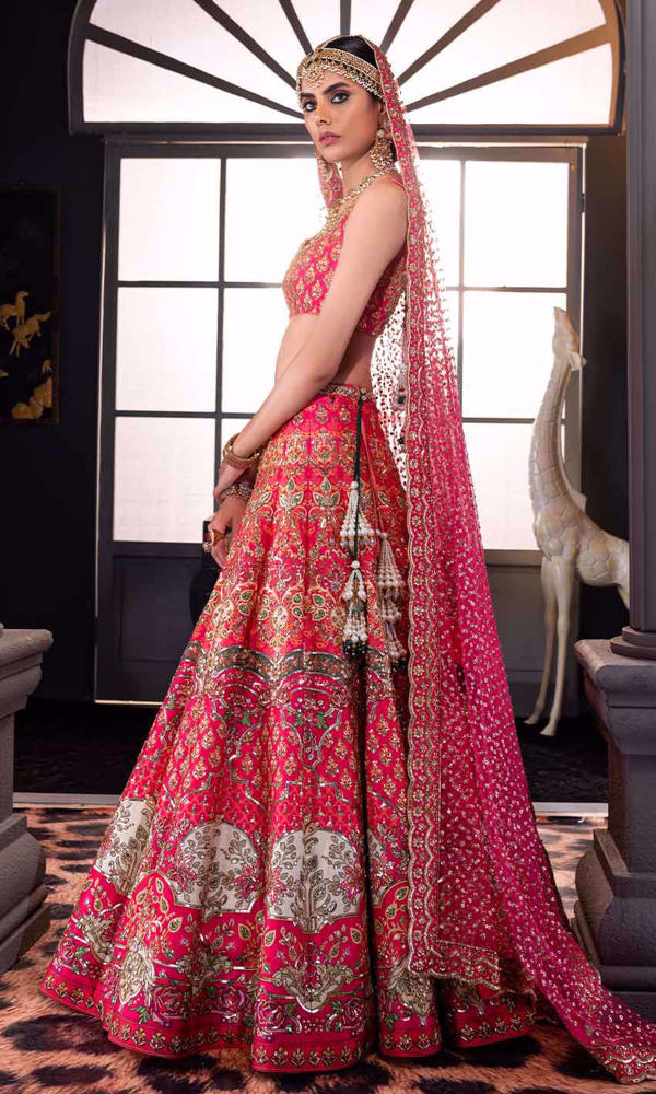 Pakistani Raspberry Pink Zardozi Silk Lehenga Choli (3-Piece) - Image 3