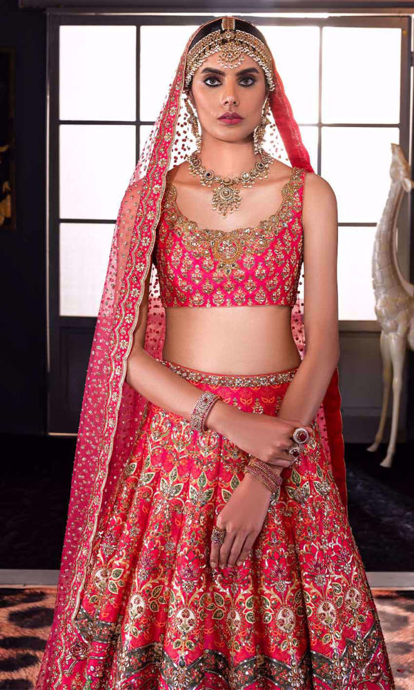 Pakistani Raspberry Pink Zardozi Silk Lehenga Choli (3-Piece) - Image 4