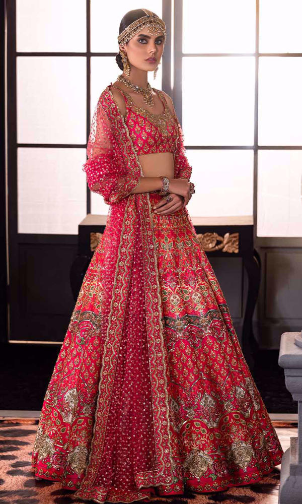 Pakistani Raspberry Pink Zardozi Silk Lehenga Choli (3-Piece) - Image 5