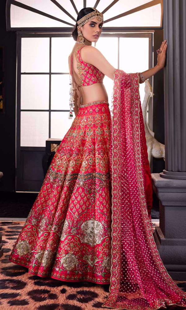 Pakistani Raspberry Pink Zardozi Silk Lehenga Choli (3-Piece) - Image 7