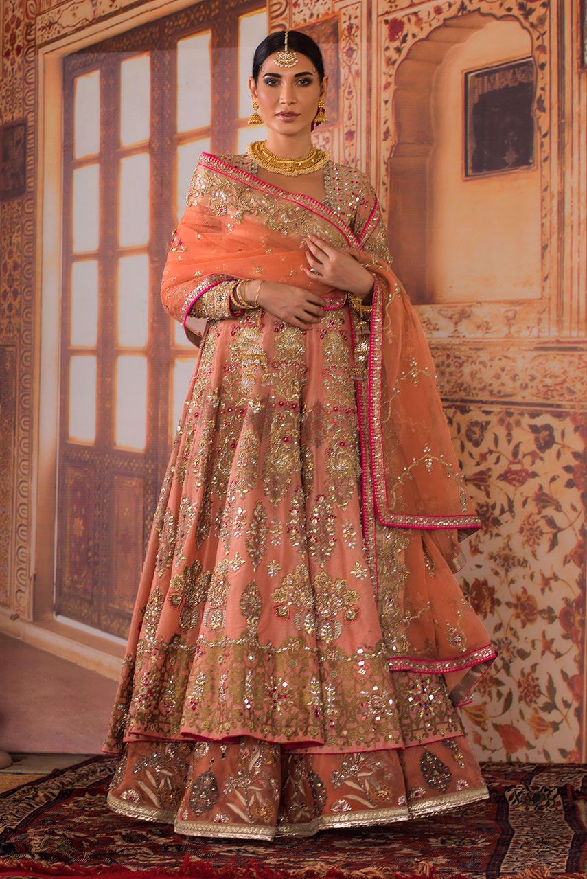 Pakistani Peach Zardozi Silk Anarkali Bridal Lehenga (3-Piece) - Image 1