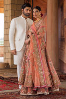 Pakistani Peach Zardozi Silk Anarkali Bridal Lehenga (3-Piece) - Image 3