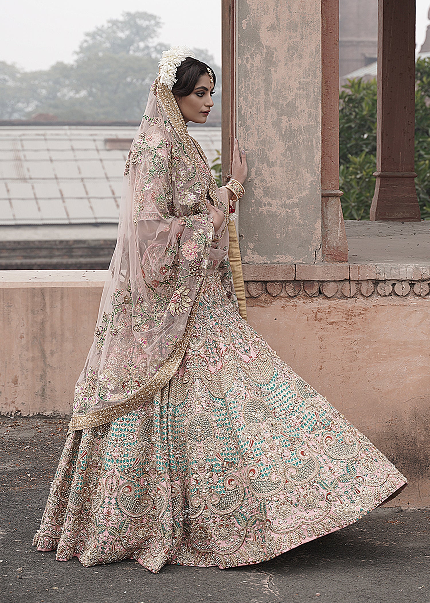 Blush Pink Mint Embellished Silk Bridal Lehenga (3-Piece) - Image 2