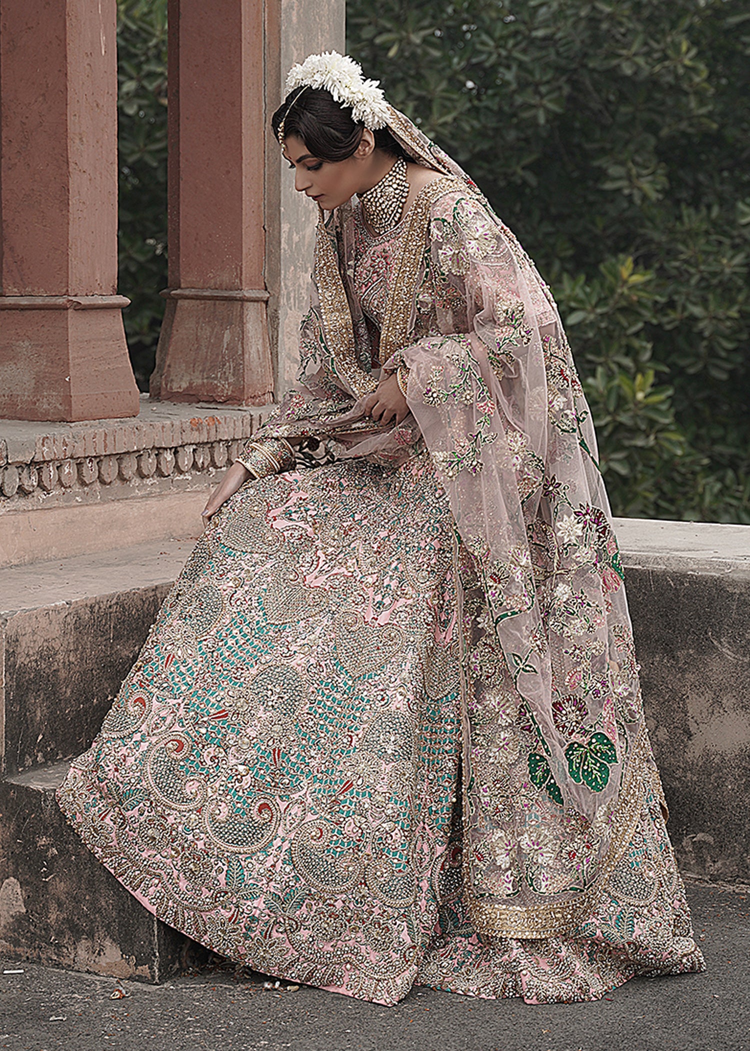 Blush Pink Mint Embellished Silk Bridal Lehenga (3-Piece) - Image 6