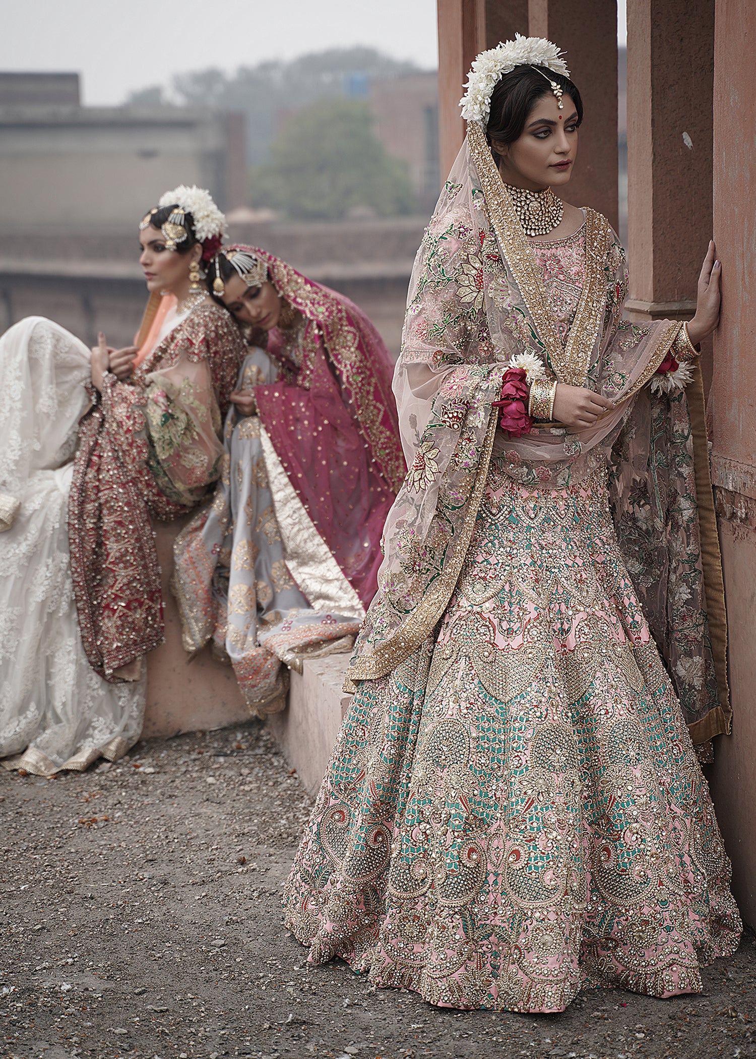 Blush Pink Mint Embellished Silk Bridal Lehenga (3-Piece) - Image 7