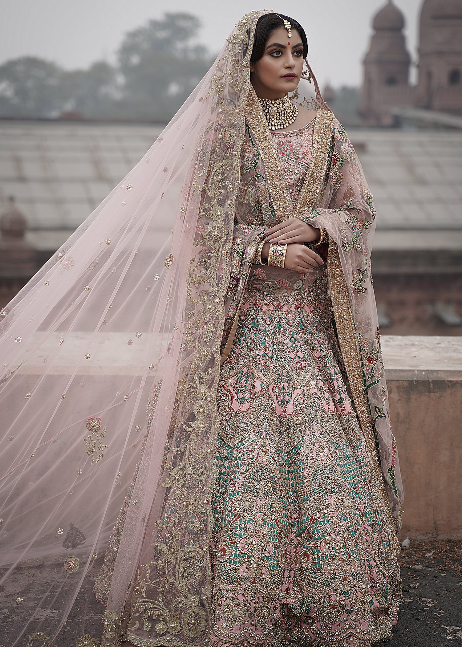 Pakistani Blush Pink & Mint Embellished Silk Bridal Lehenga (3-Piece) - Image 1