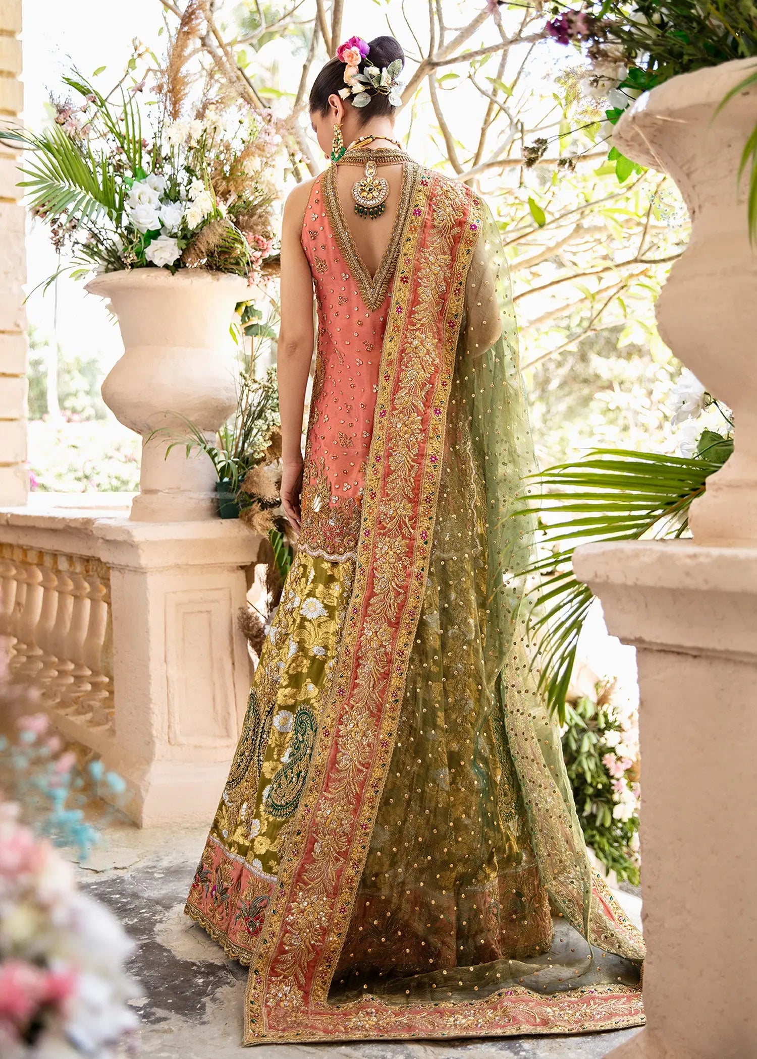 Pakistani Coral Olive Embellished Silk Bridal Lehenga (3-Piece) - Image 2