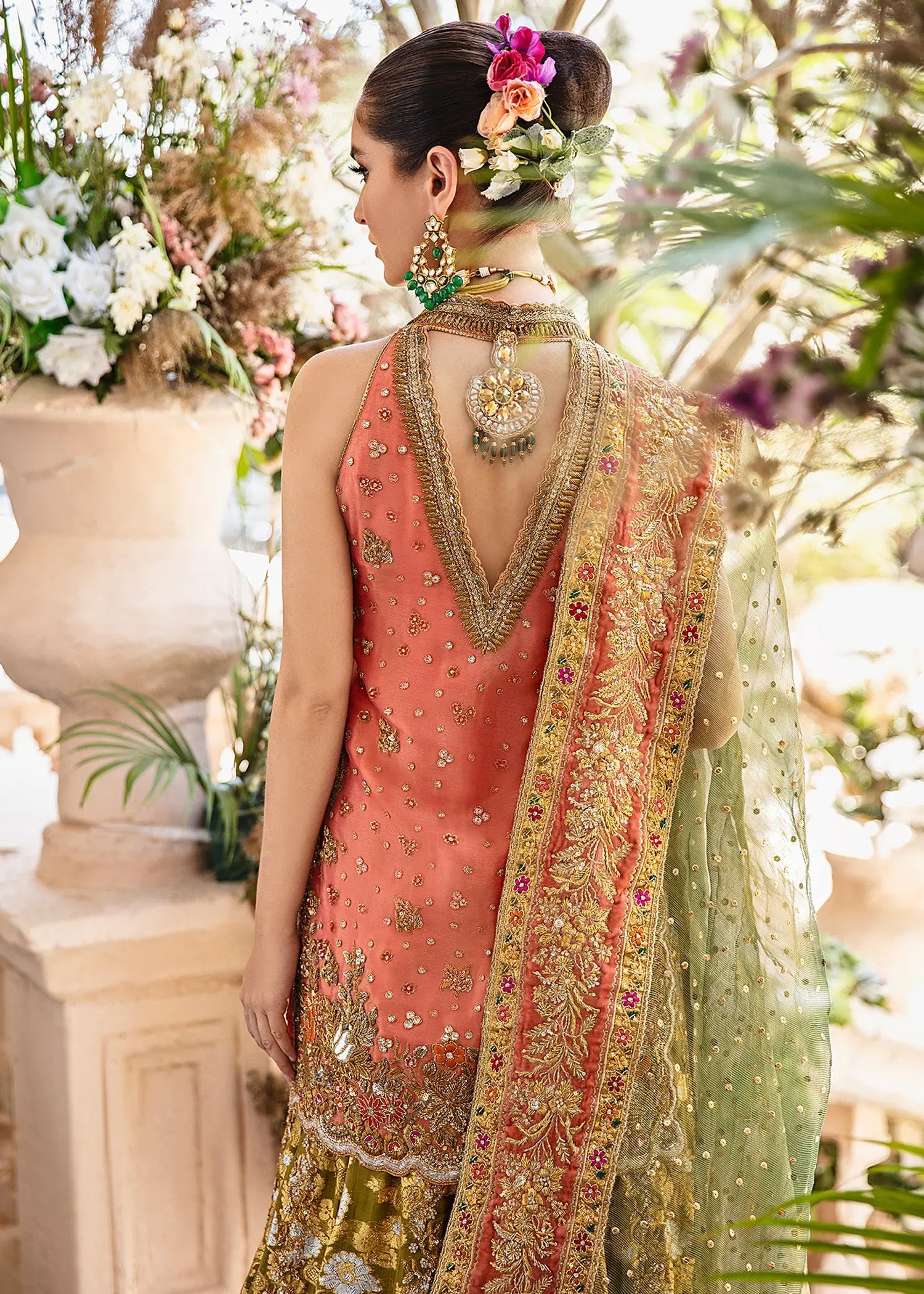 Pakistani Coral Olive Embellished Silk Bridal Lehenga (3-Piece) - Image 3