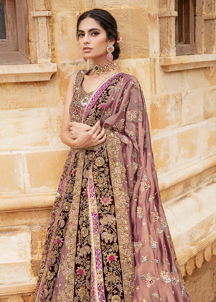 Pakistani Magenta Gold Embroidered Silk Bridal Lehenga (3-Piece) - Image 3