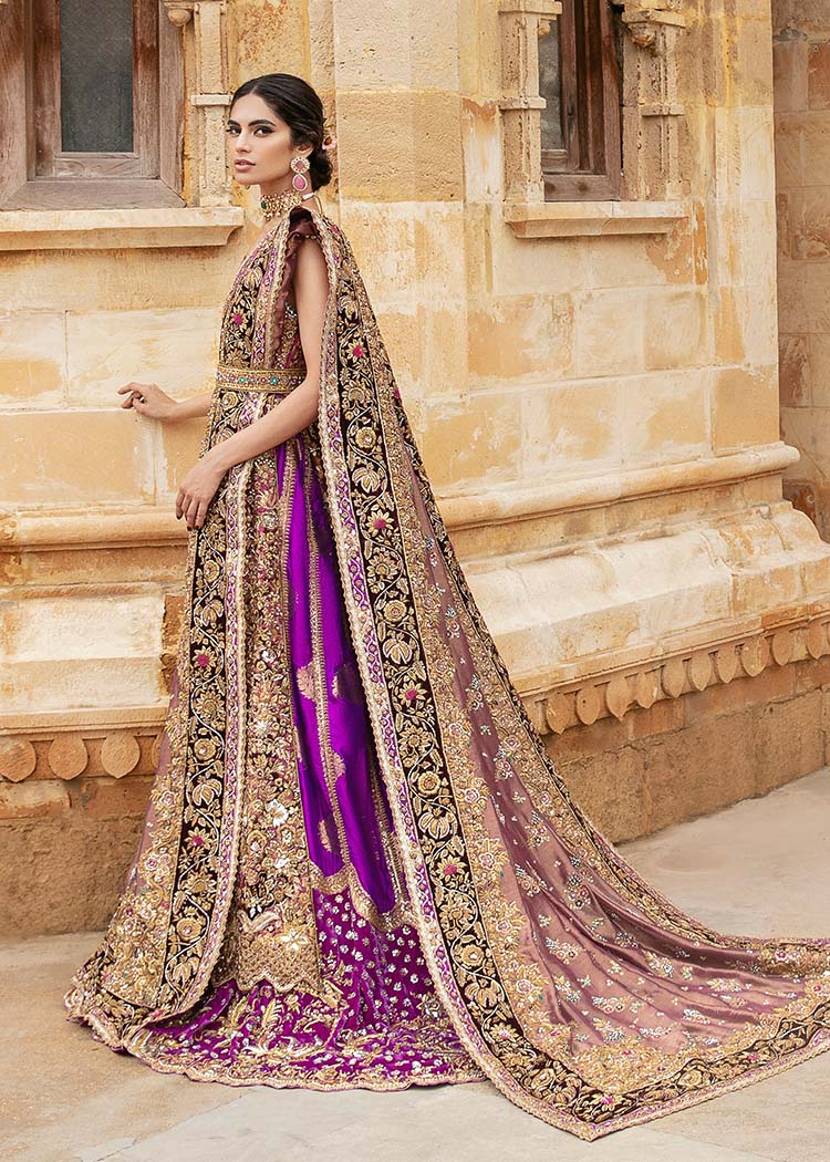 Pakistani Magenta Gold Embroidered Silk Bridal Lehenga (3-Piece) - Image 5