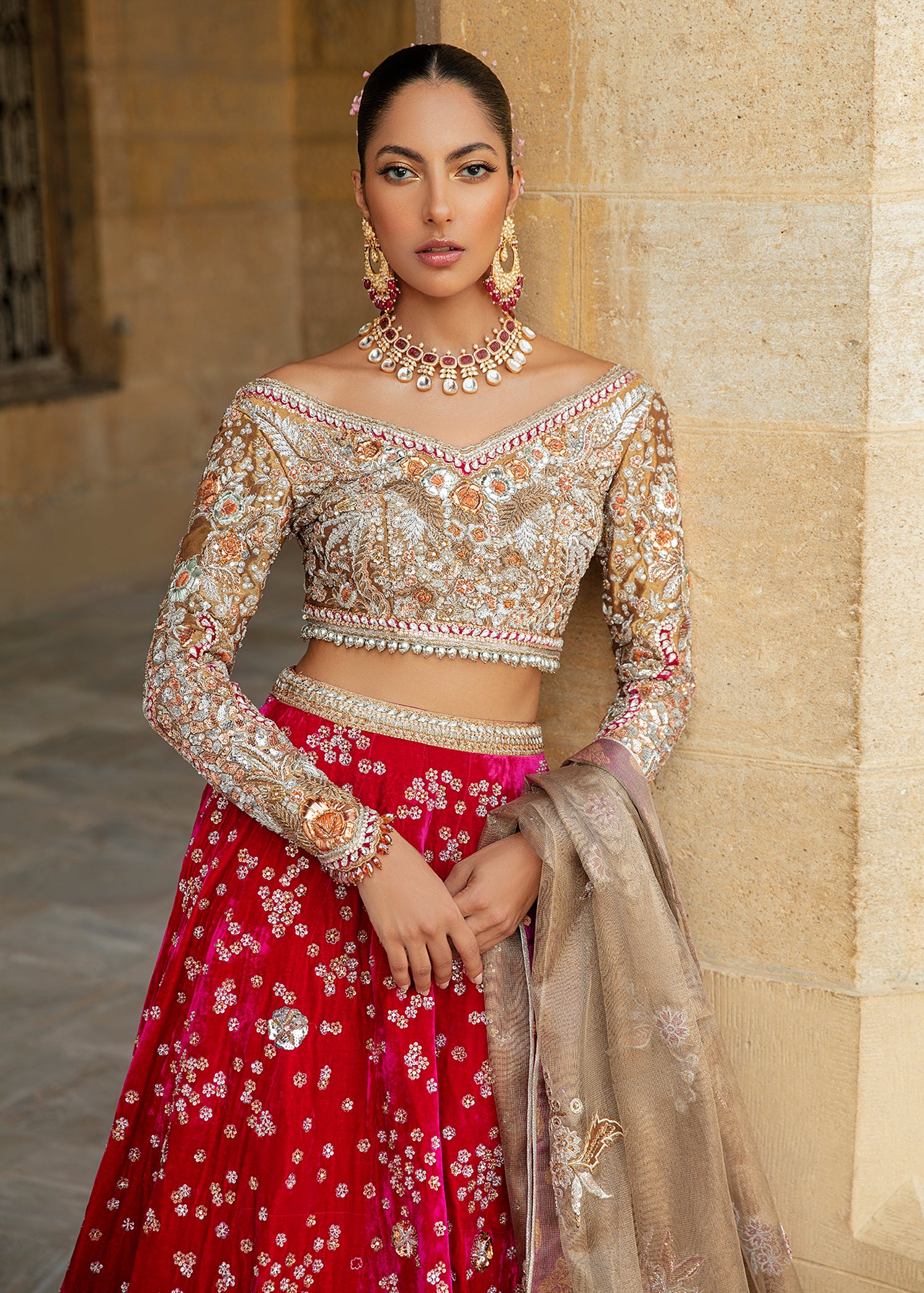 Pakistani Fuchsia Zardozi Silk Lehenga (3-Piece) - Image 2