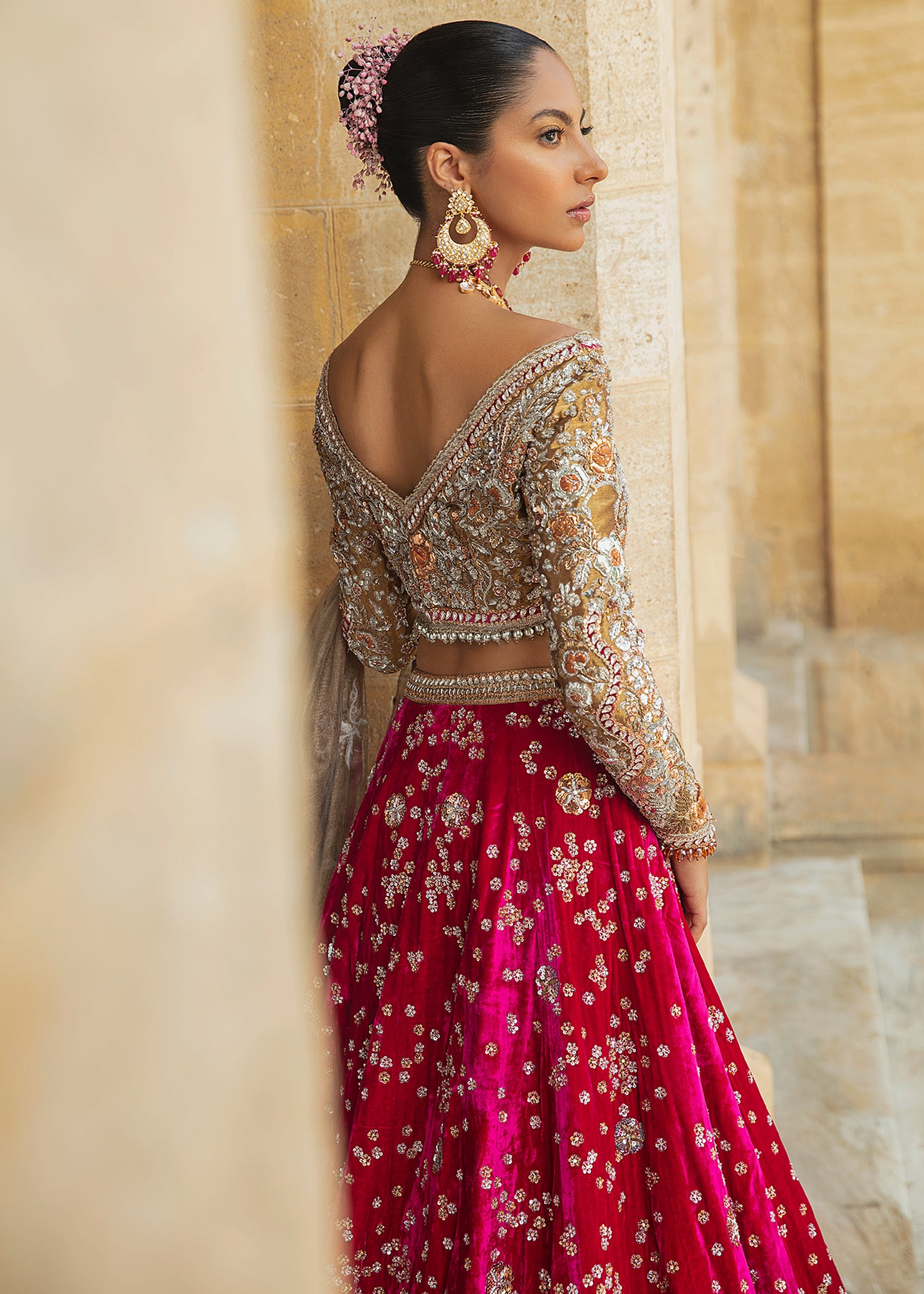Pakistani Fuchsia Zardozi Silk Lehenga (3-Piece) - Image 4