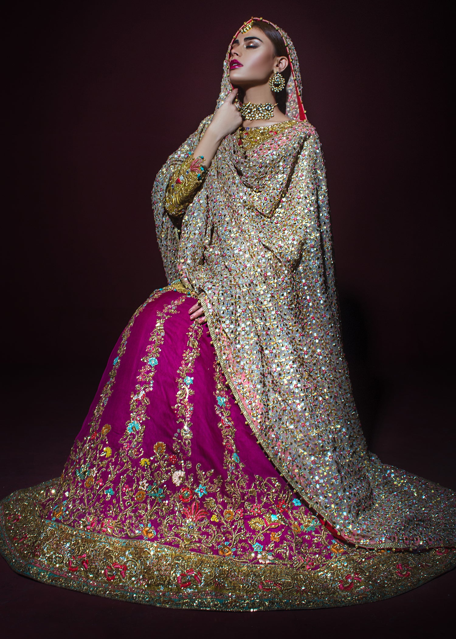 Magenta Gold Embellished Silk Bridal Lehenga (3-Piece) - Image 2