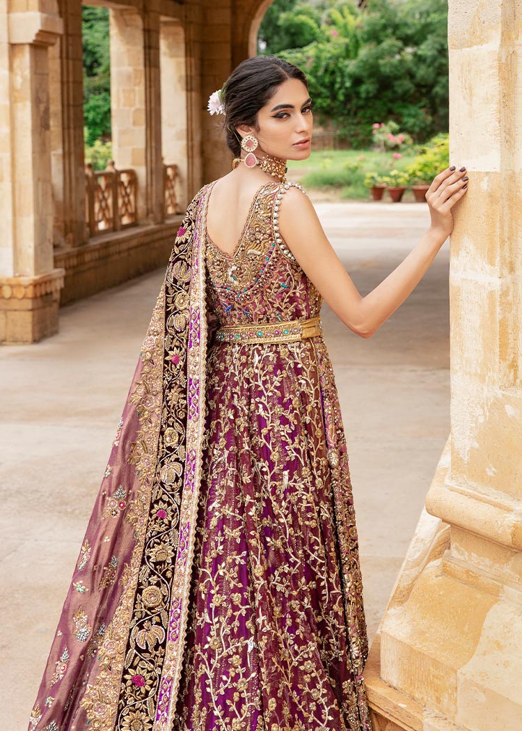 Magenta Gold Embroidered Silk Velvet Bridal Lehenga (3-Piece) - Image 2