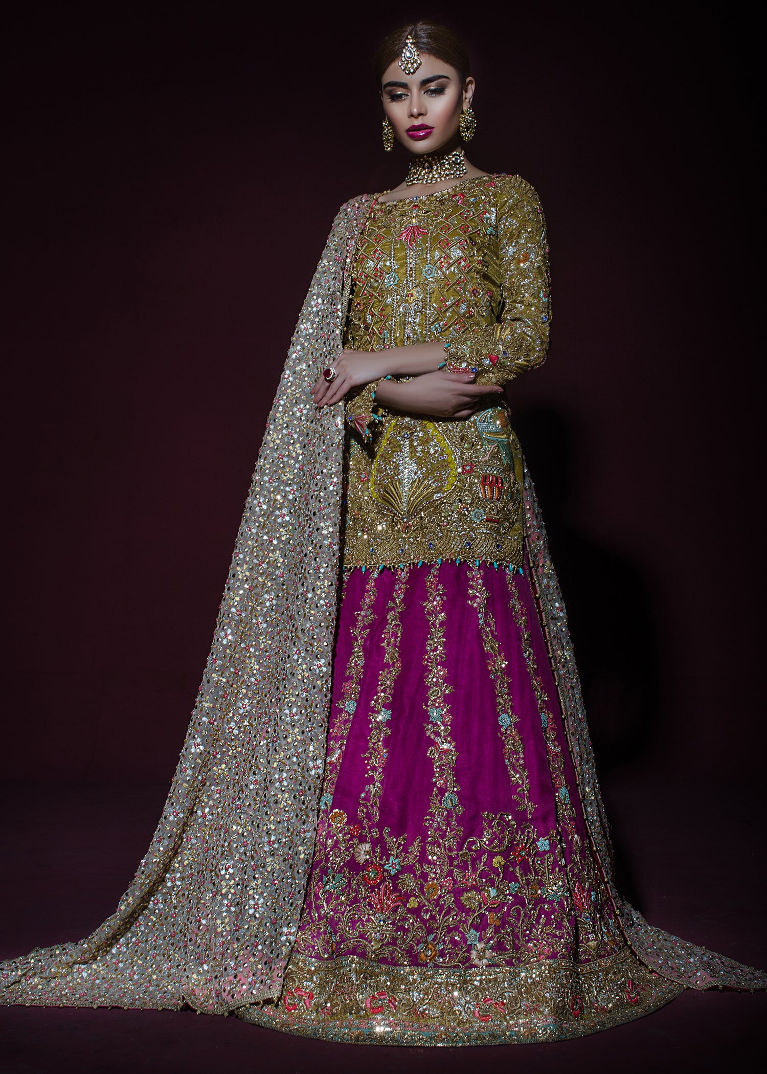 Magenta Gold Embellished Silk Bridal Lehenga (3-Piece) - Image 1