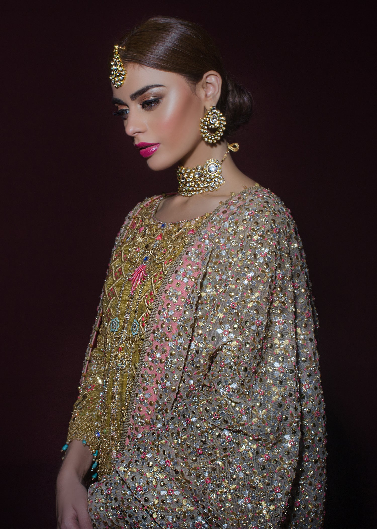 Magenta Gold Embellished Silk Bridal Lehenga (3-Piece) - Image 3