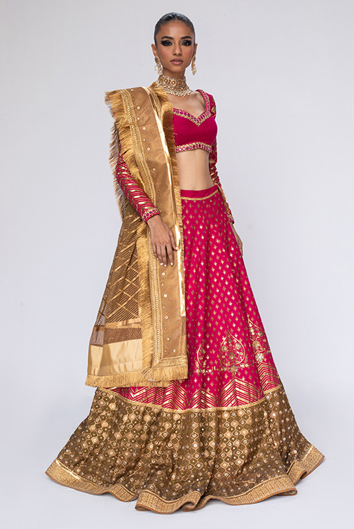 Pink and Olive Hand-Embroidered Silk Bridal Lehenga (3-Piece) - Image 1