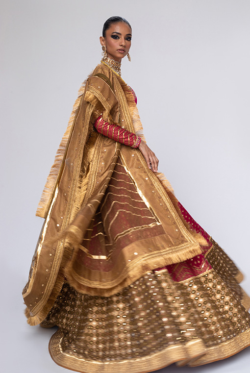 Pink and Olive Hand-Embroidered Silk Bridal Lehenga (3-Piece) - Image 2