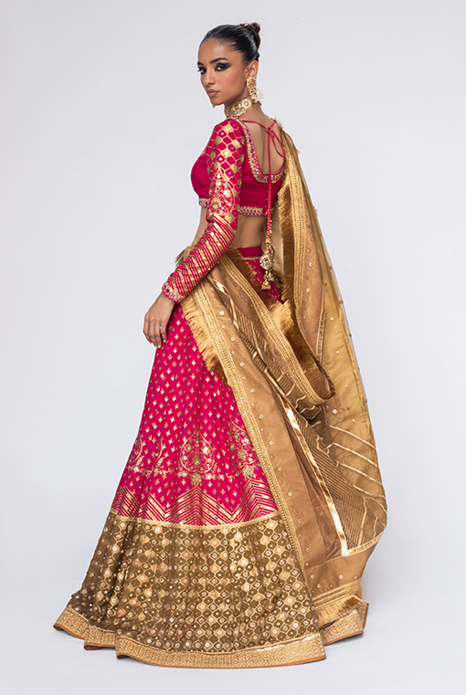 Pink and Olive Hand-Embroidered Silk Bridal Lehenga (3-Piece) - Image 3